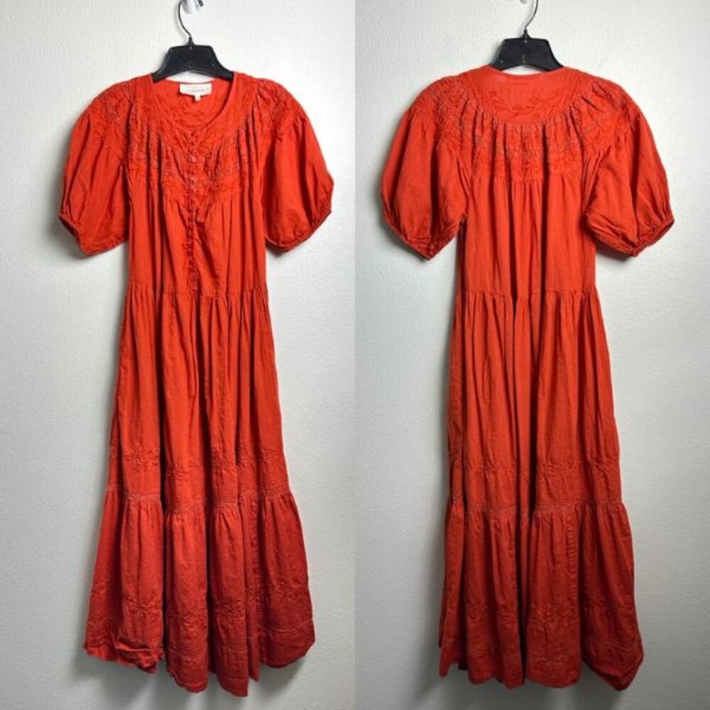 TheGREAT. Women's Tiered Maxi Dress Orange Puff Sleeve Cottage Core Size 0